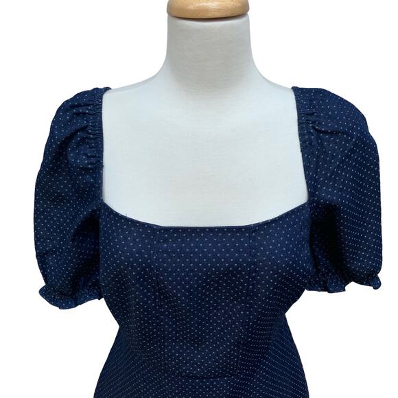 Lulu’s Mini Dress Size M Navy Blue Square Neck Polka Dots Y2K Puff Sleeve Casual - Picture 2 of 10